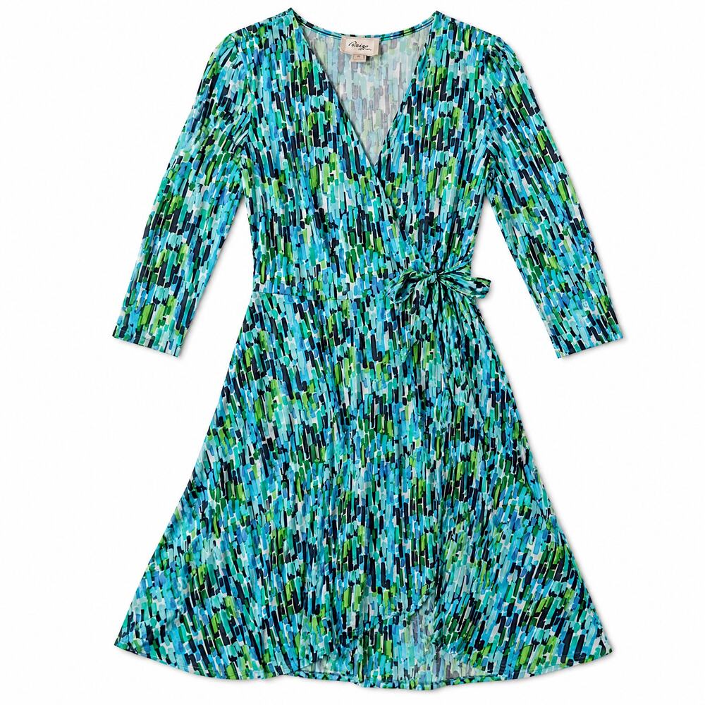 Beige Brand Aqua Teal Green Mosaic V-Neck Wrap Dress | 3/4 Sleeves